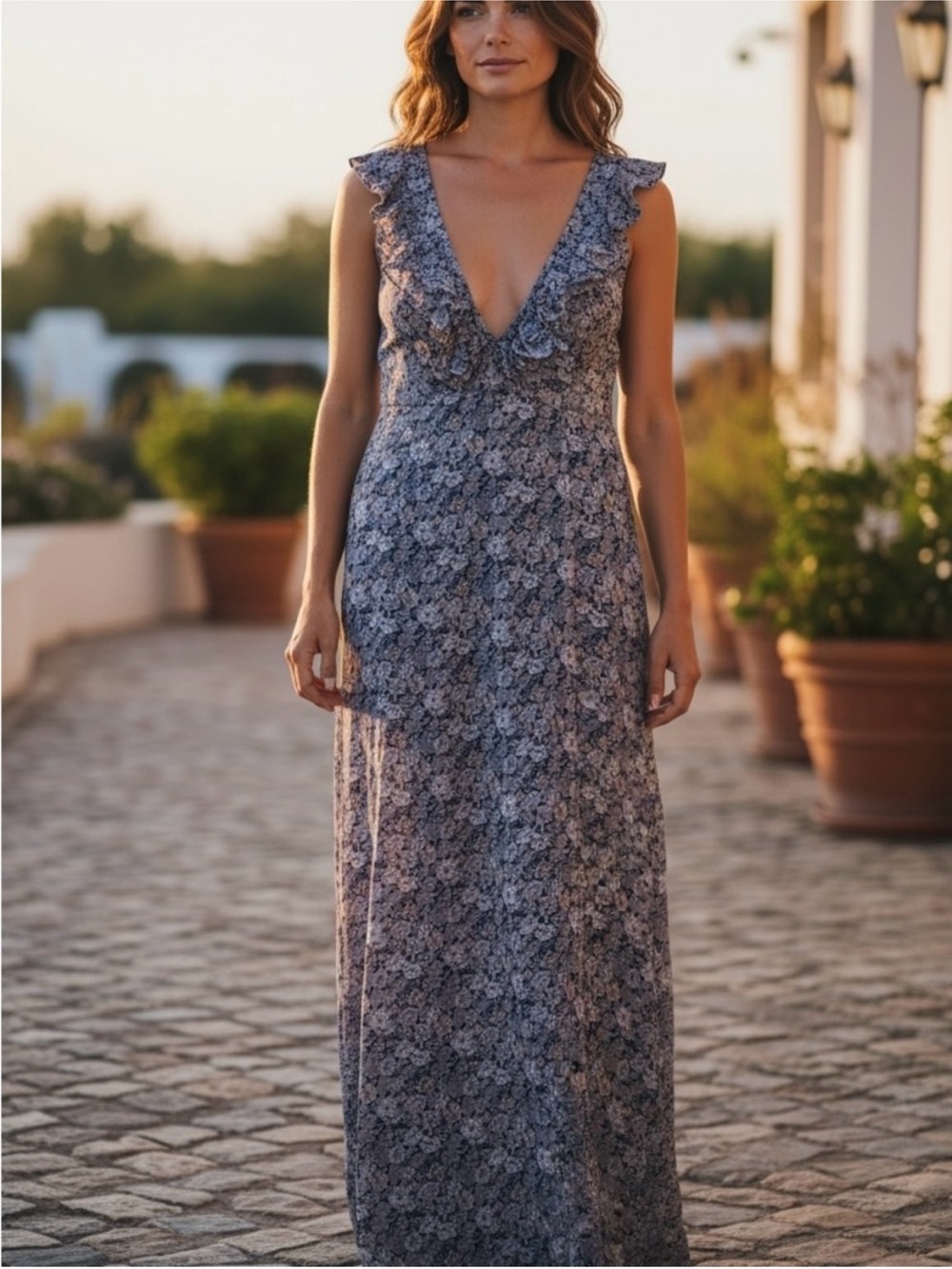 David's Bridal Blue Floral Ruffle V-Neck Maxi Dress